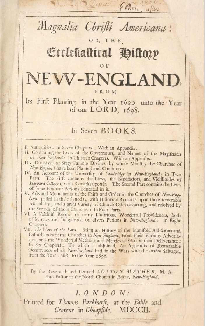 Cover page for the Magnalia Christi Americana, written by Cotton Mather in 1702.